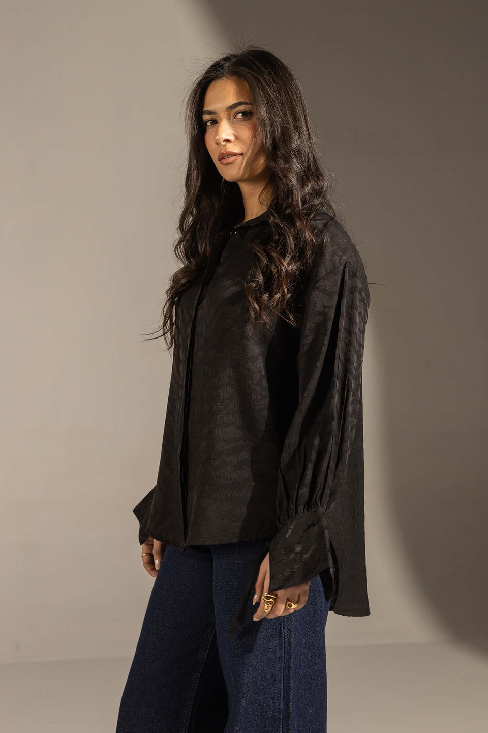 Black Textured Tie-Cuff Button-Up Blouse