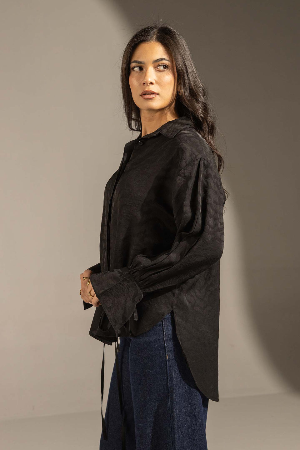 Black Textured Tie-Cuff Button-Up Blouse