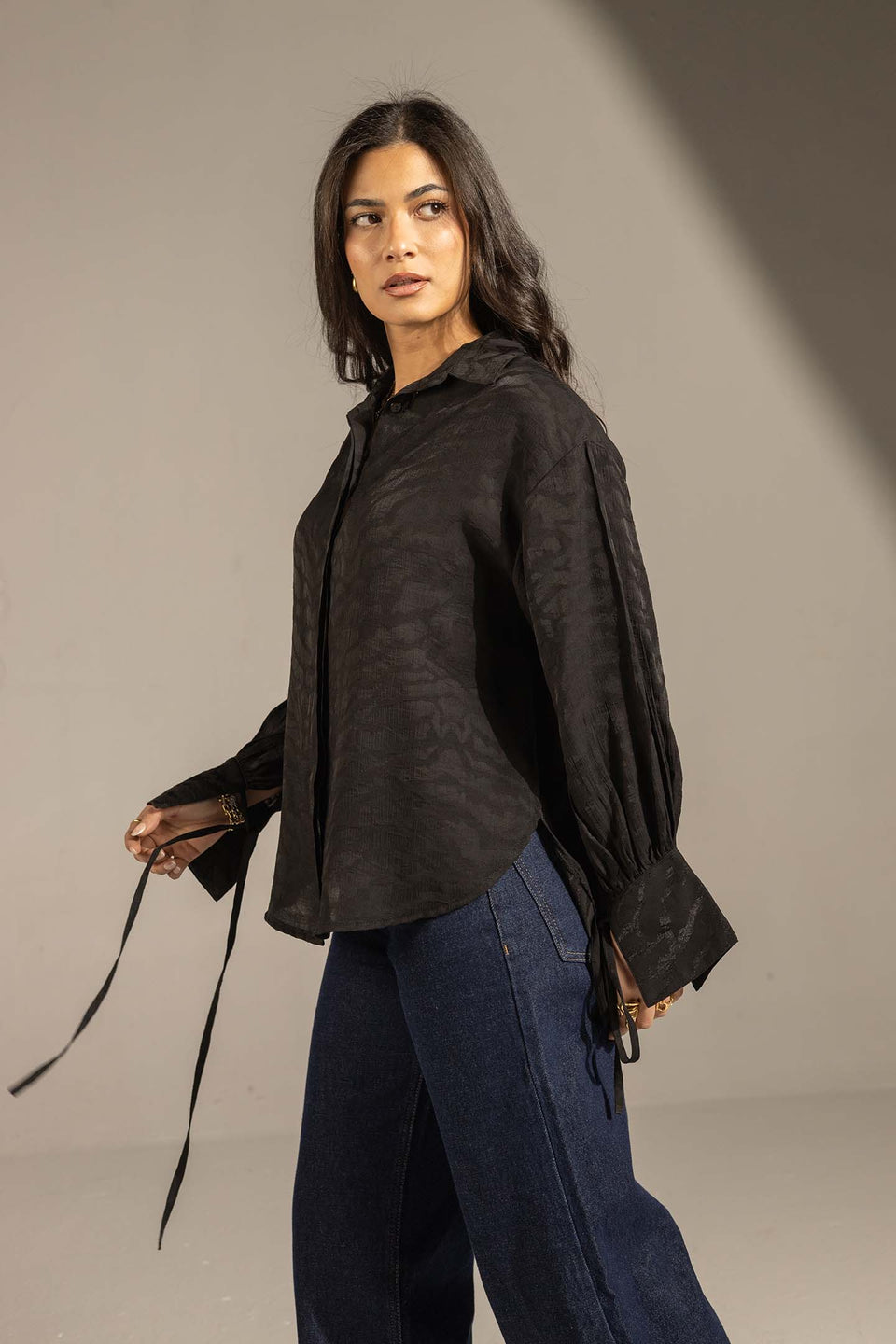 Black Textured Tie-Cuff Button-Up Blouse