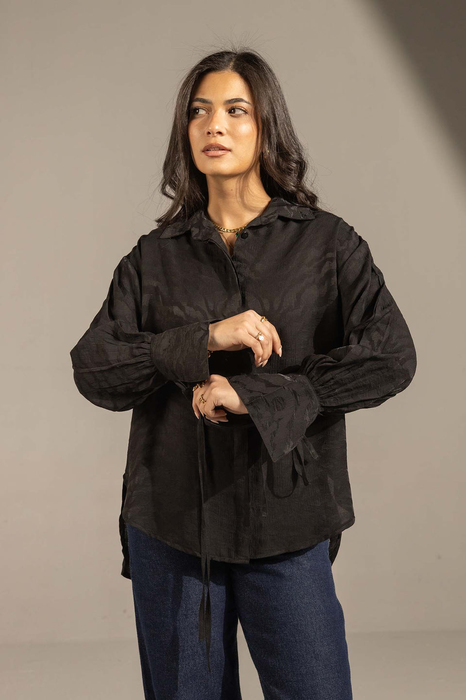 Black Textured Tie-Cuff Button-Up Blouse