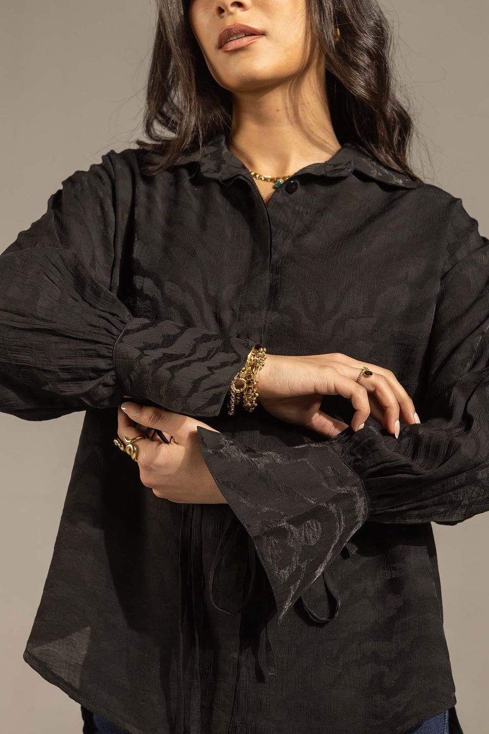 Black Textured Tie-Cuff Button-Up Blouse