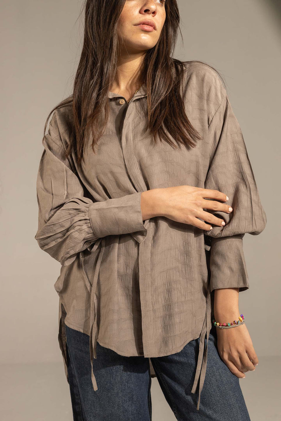 Grey Textured Tie-Cuff Button-Up Blouse
