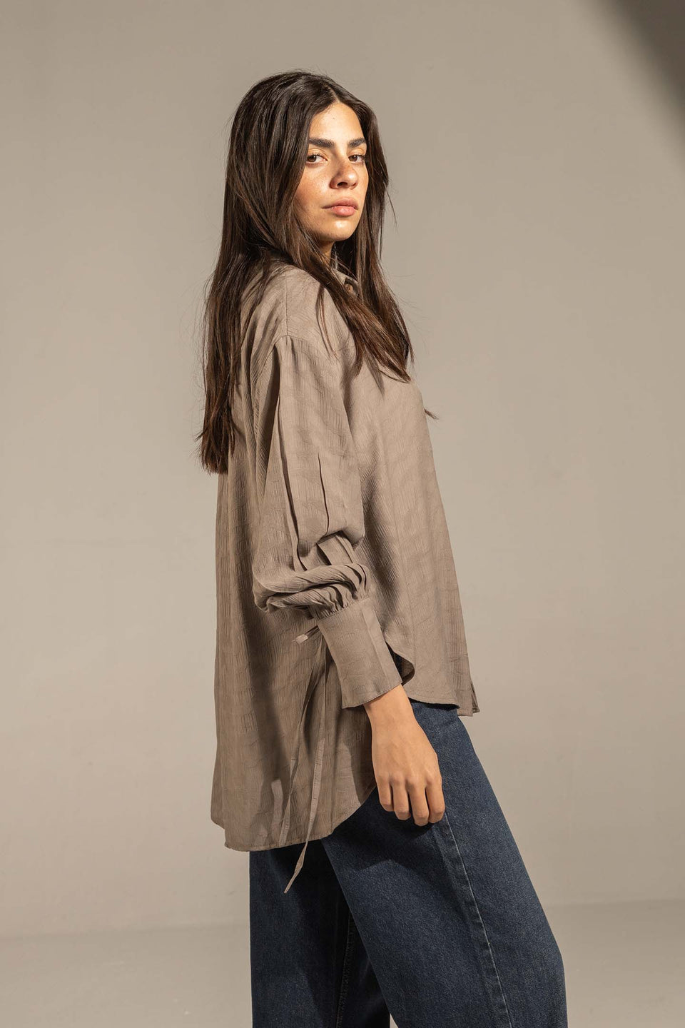 Grey Textured Tie-Cuff Button-Up Blouse