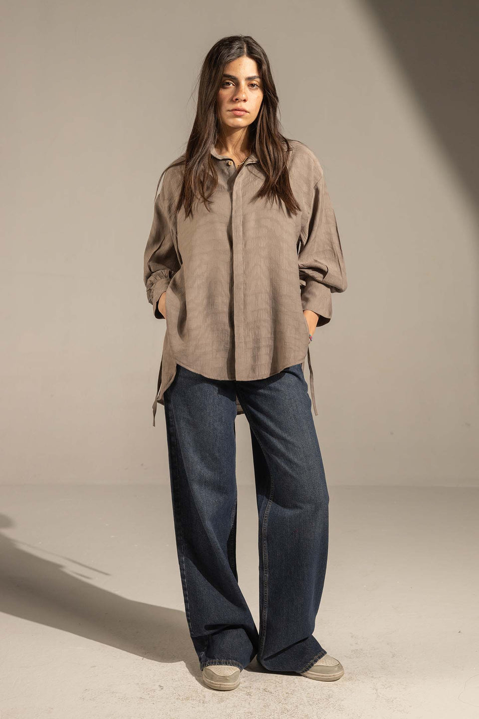 Grey Textured Tie-Cuff Button-Up Blouse