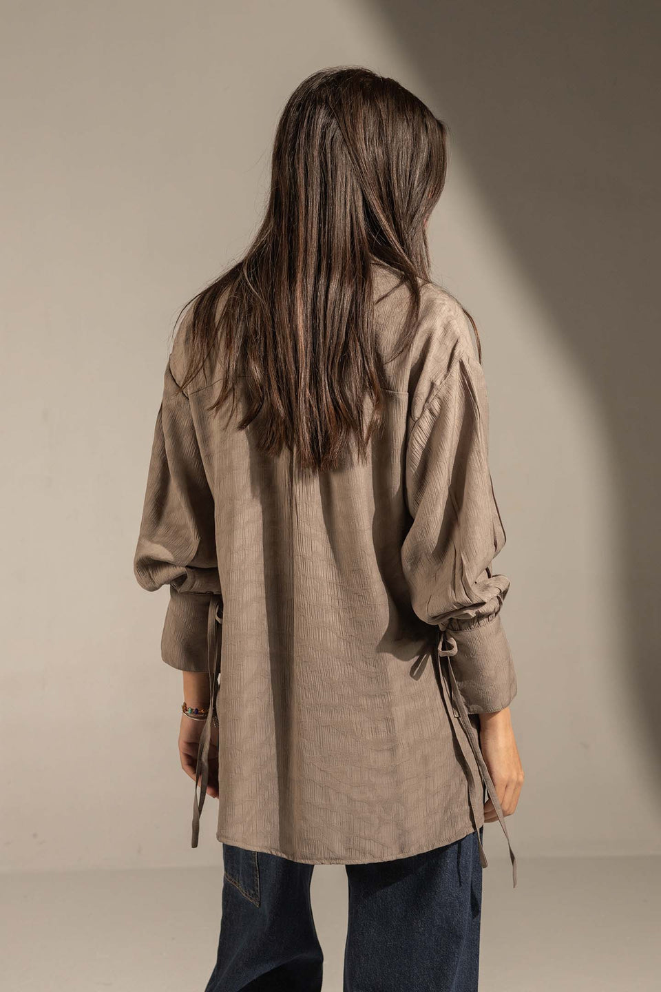 Grey Textured Tie-Cuff Button-Up Blouse