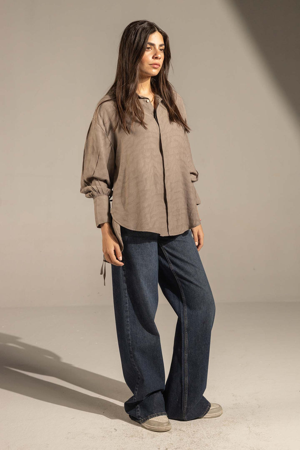 Grey Textured Tie-Cuff Button-Up Blouse