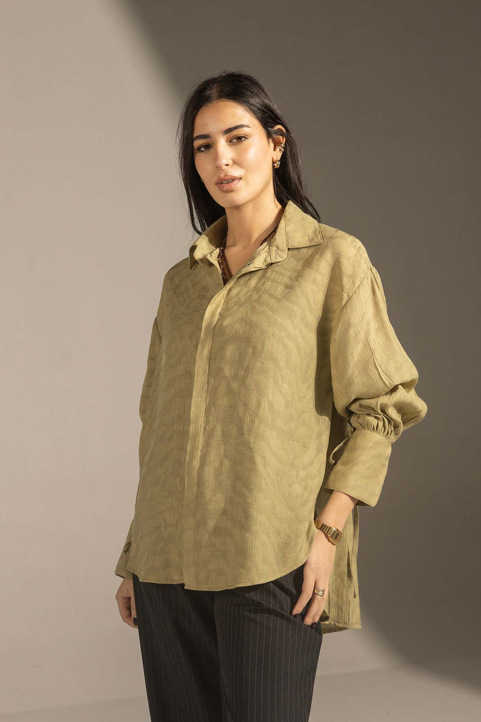 Olive Textured Tie-Cuff Button-Up Blouse