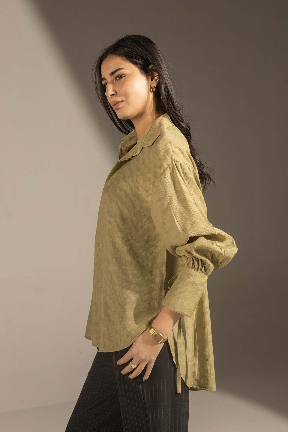 Olive Textured Tie-Cuff Button-Up Blouse