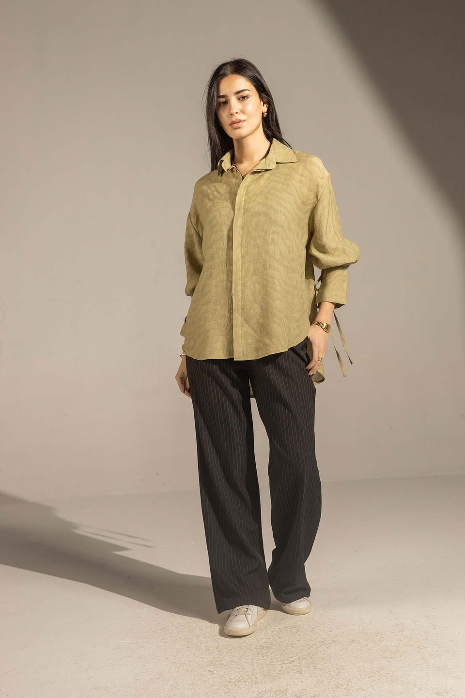 Olive Textured Tie-Cuff Button-Up Blouse