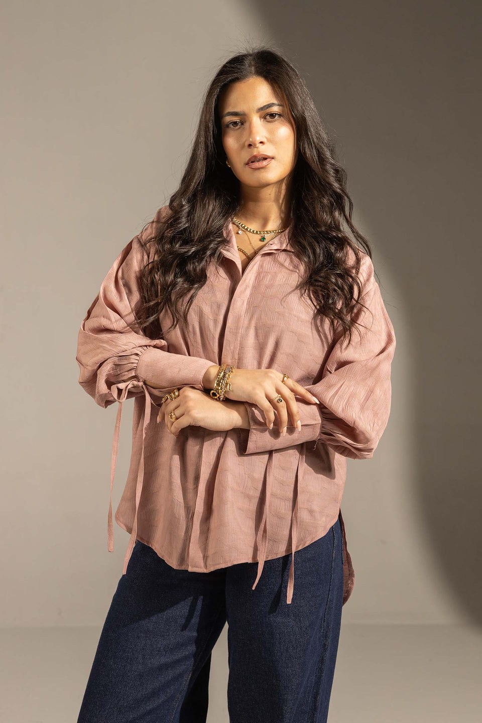 Simon Textured Tie-Cuff Button-Up Blouse