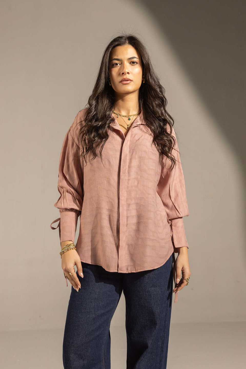 Simon Textured Tie-Cuff Button-Up Blouse