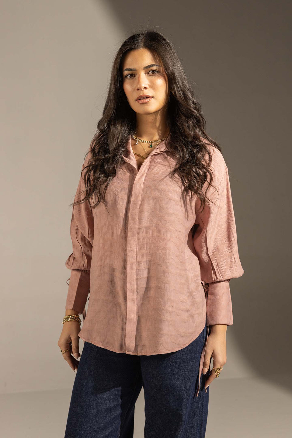 Simon Textured Tie-Cuff Button-Up Blouse