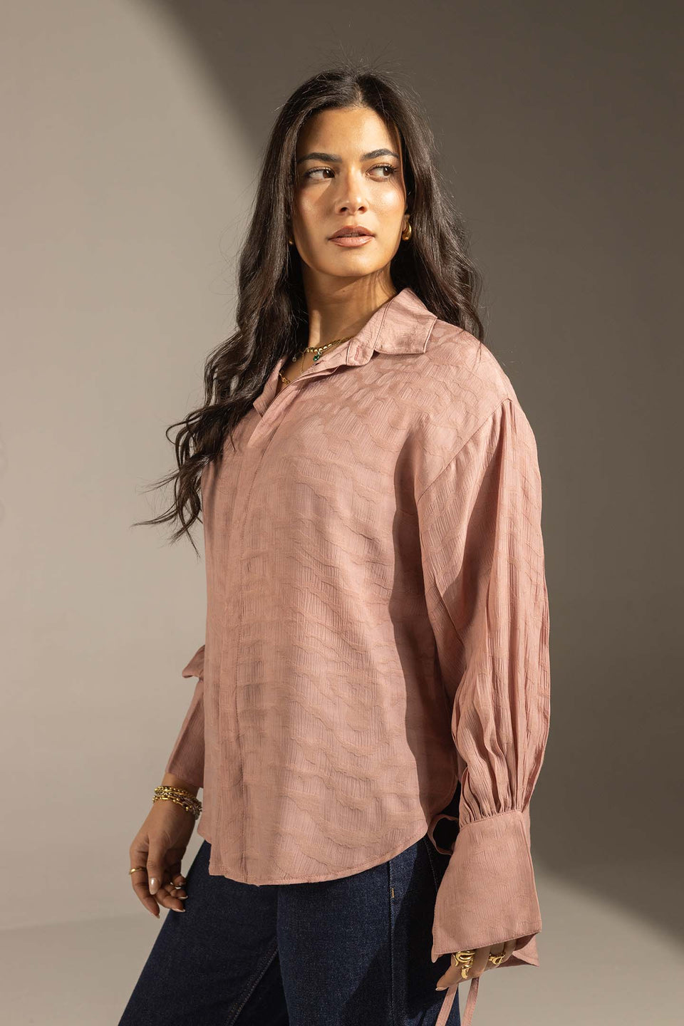 Simon Textured Tie-Cuff Button-Up Blouse