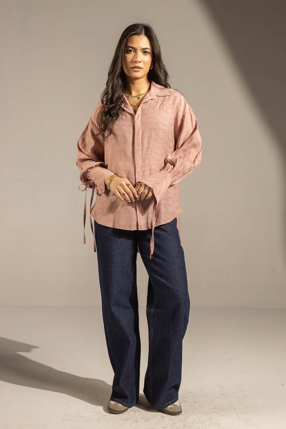 Simon Textured Tie-Cuff Button-Up Blouse