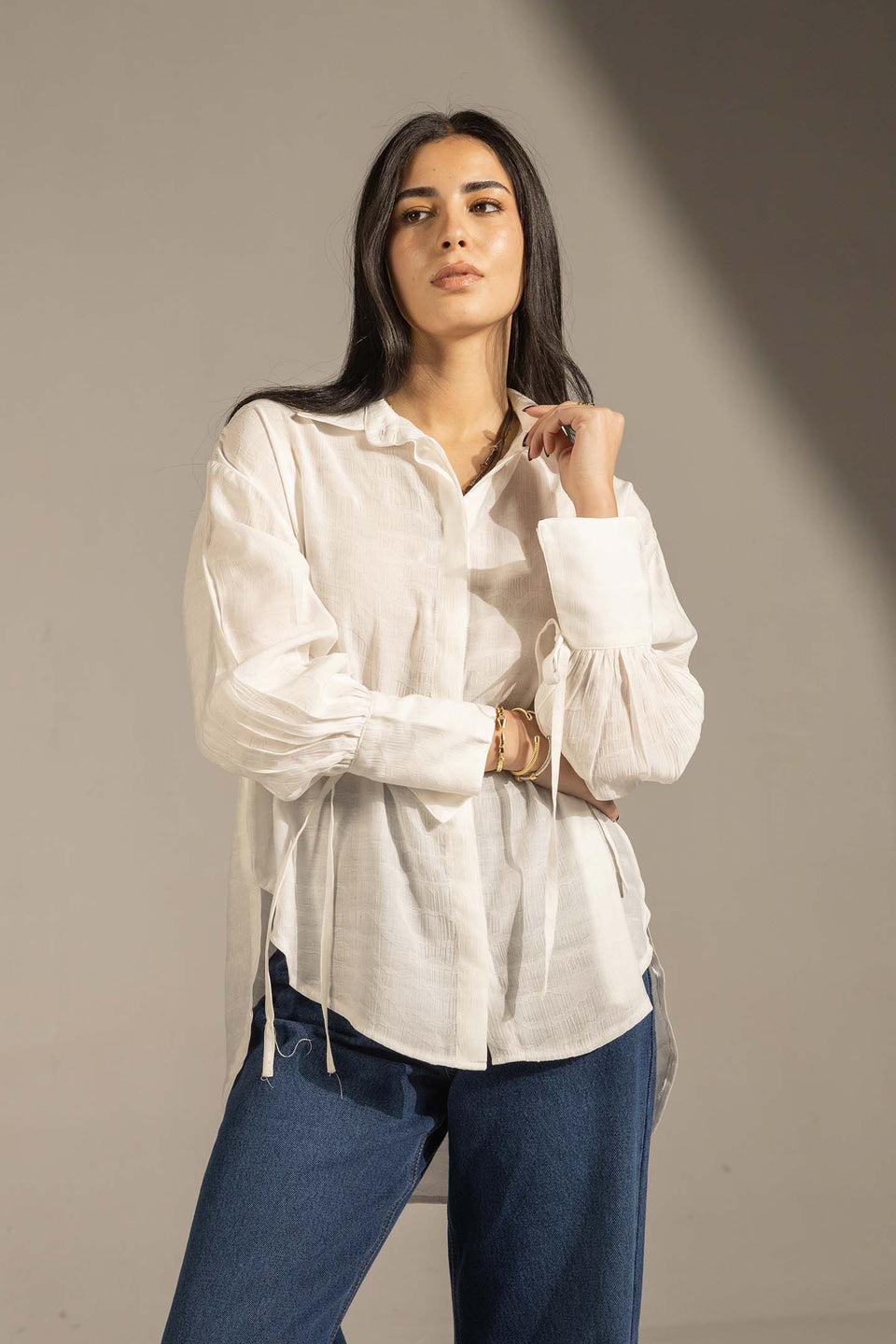 White Textured Tie-Cuff Button-Up Blouse