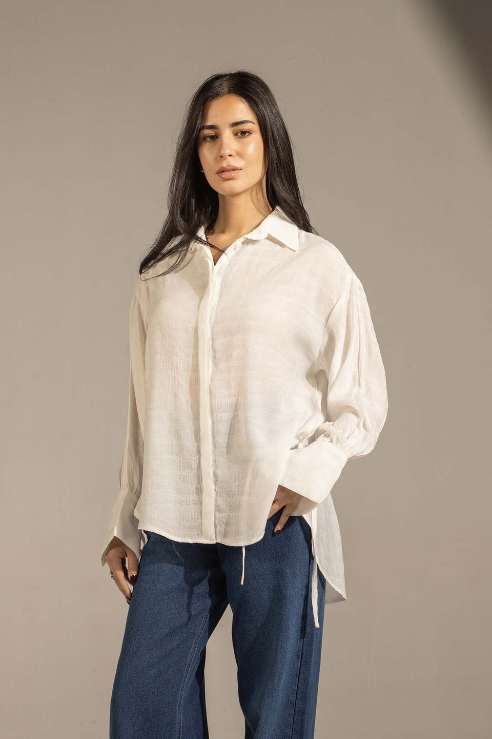 White Textured Tie-Cuff Button-Up Blouse