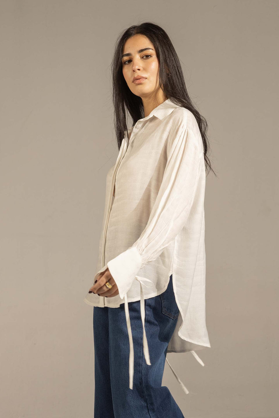 White Textured Tie-Cuff Button-Up Blouse