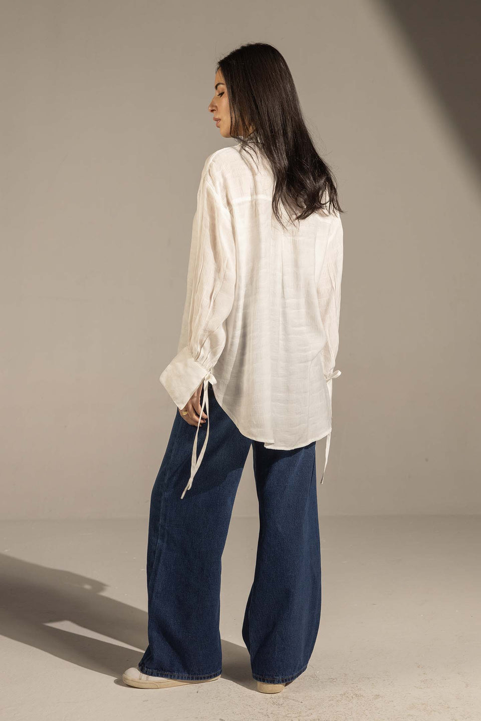 White Textured Tie-Cuff Button-Up Blouse