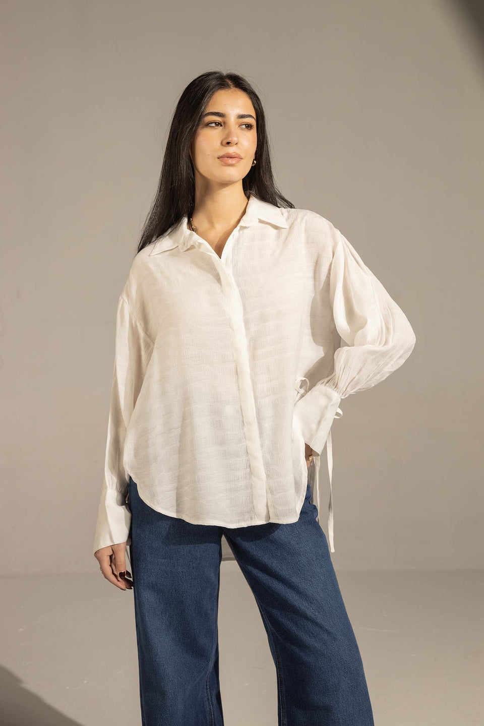 White Textured Tie-Cuff Button-Up Blouse