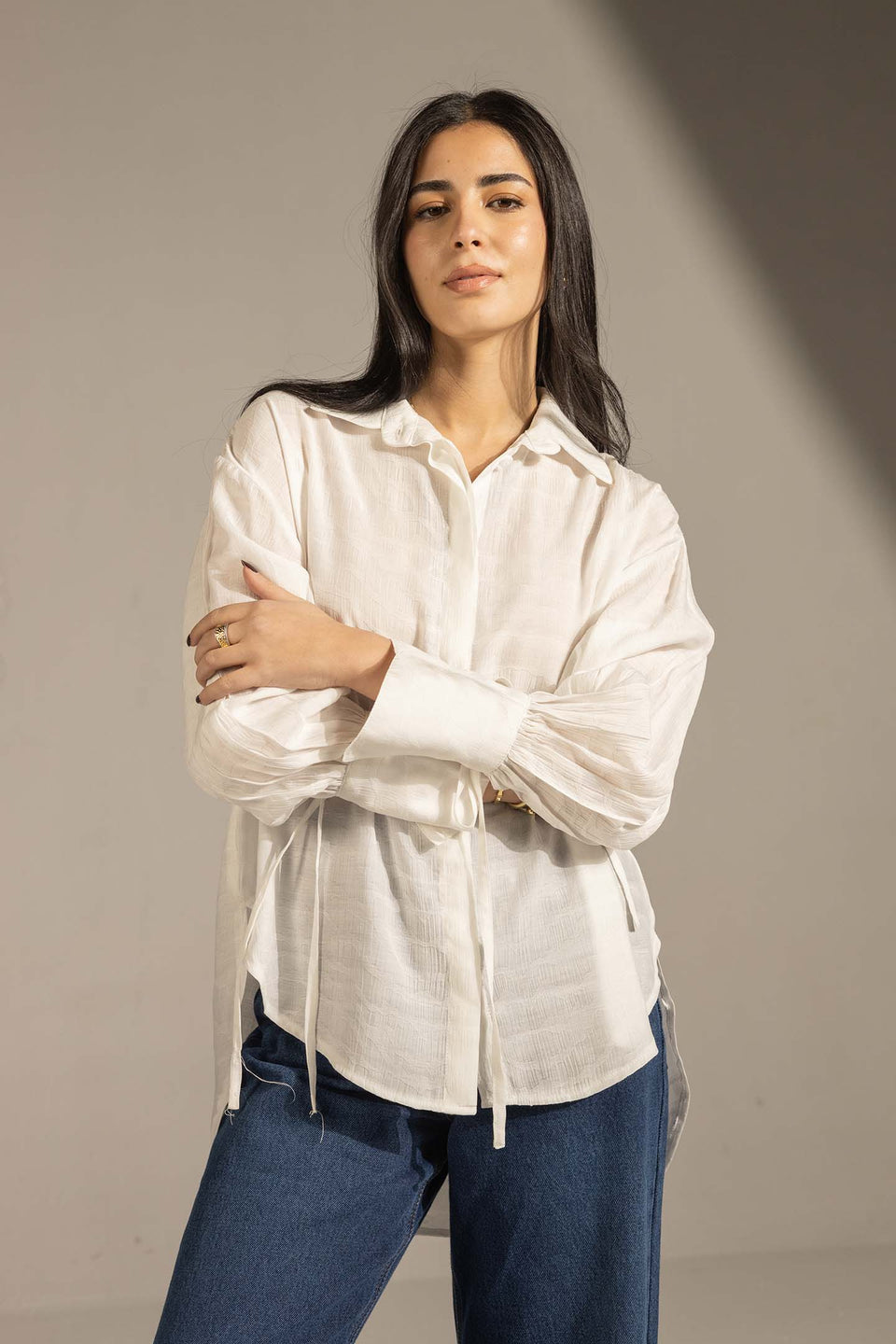 White Textured Tie-Cuff Button-Up Blouse