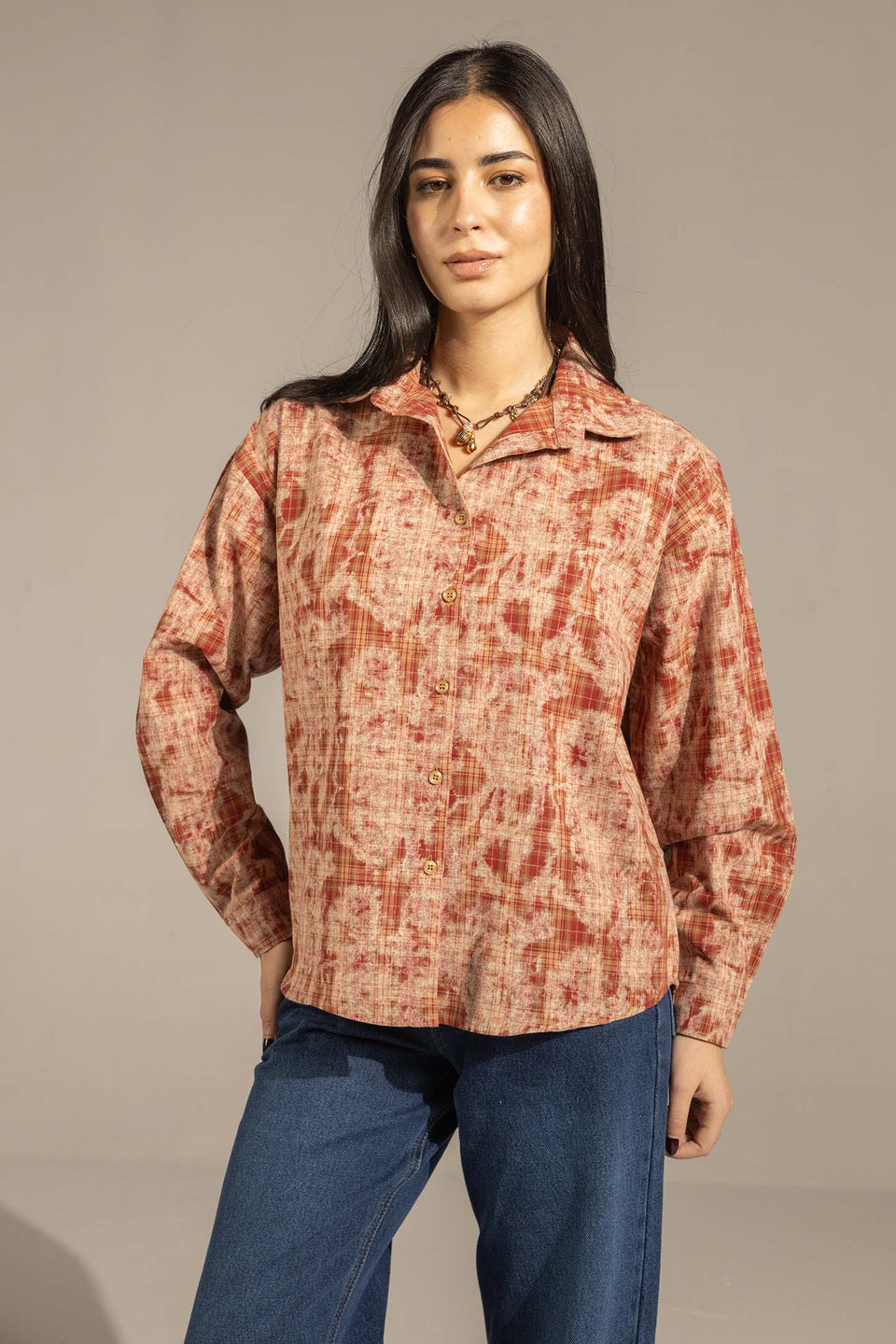 Brown Printed Relaxed Fit Button-Up Shirt