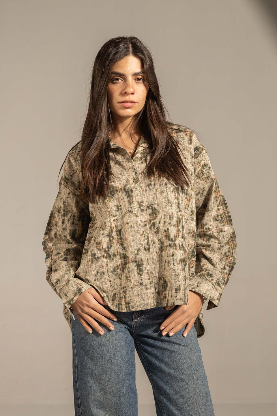 Olive Printed Relaxed Fit Button-Up Shirt