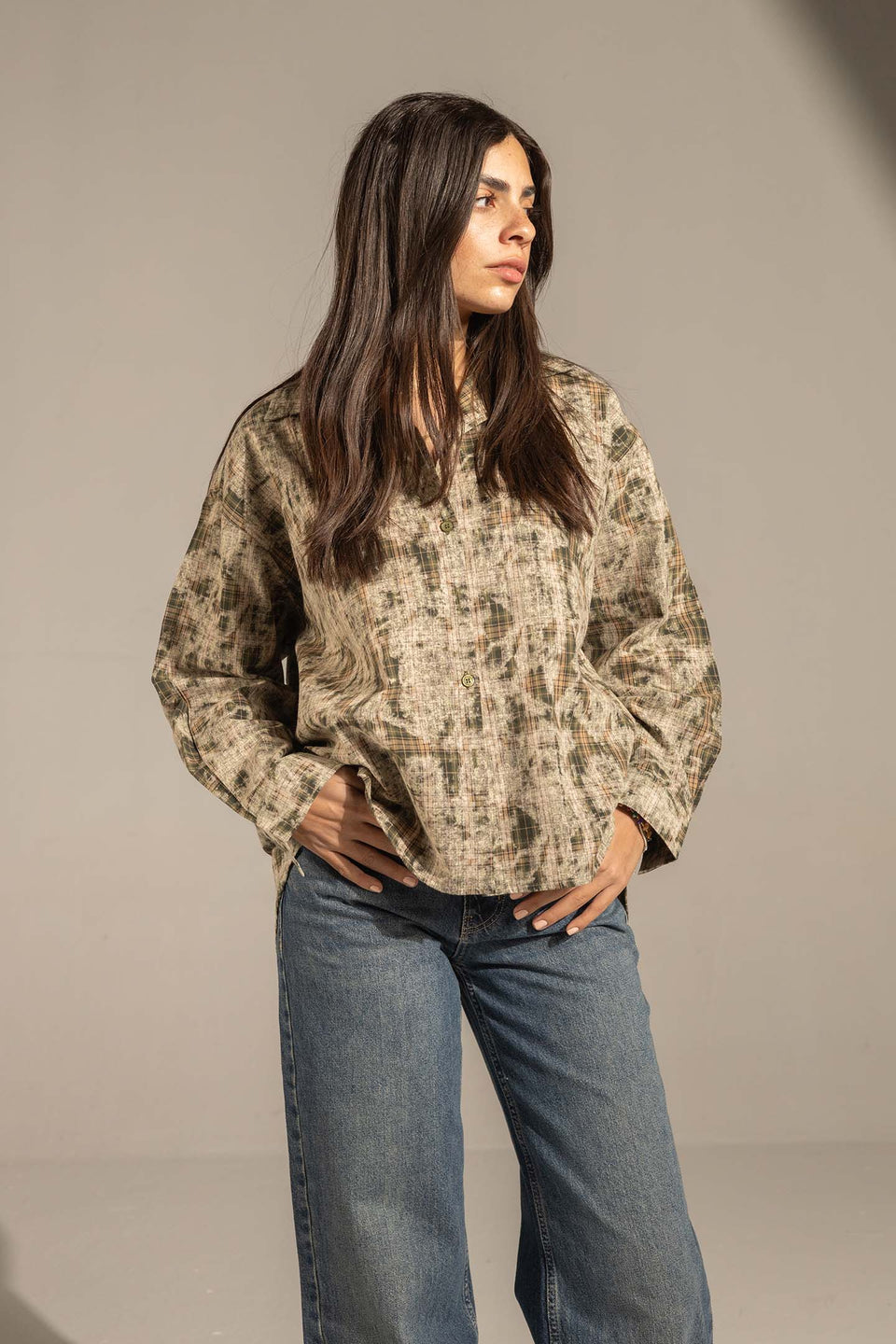 Olive Printed Relaxed Fit Button-Up Shirt