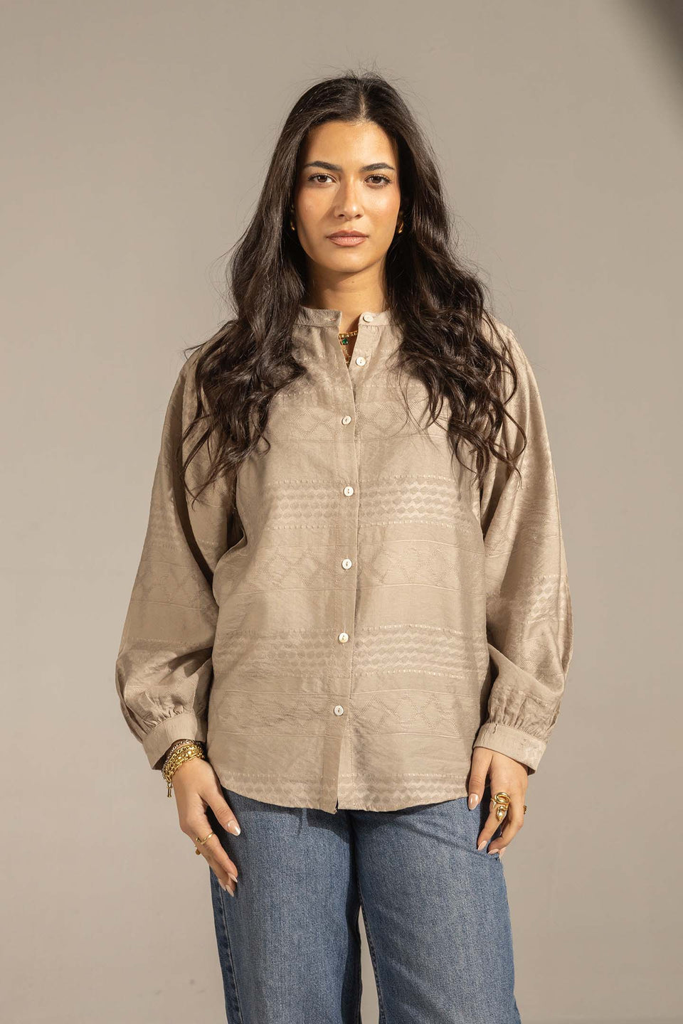Grey Textured Puff Sleeve Button-Up Shirt
