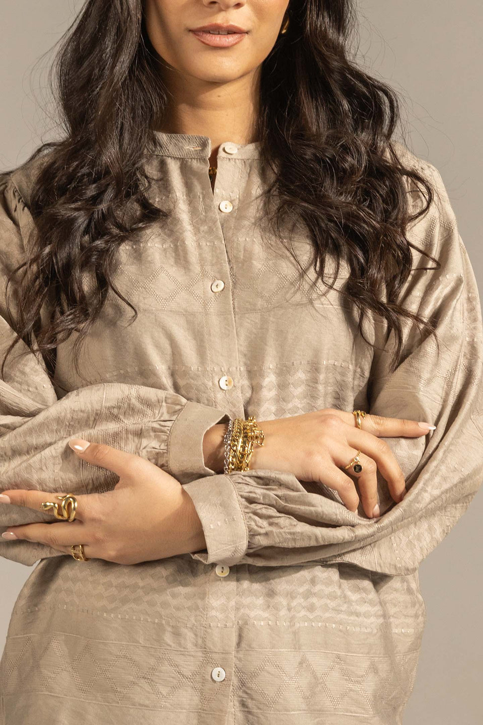 Grey Textured Puff Sleeve Button-Up Shirt