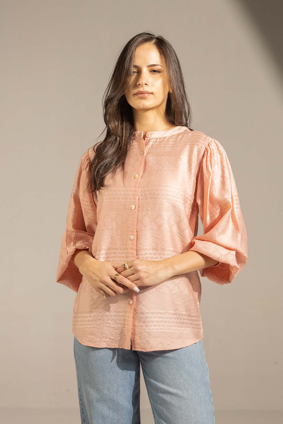 Rose Textured Puff Sleeve Button-Up Shirt