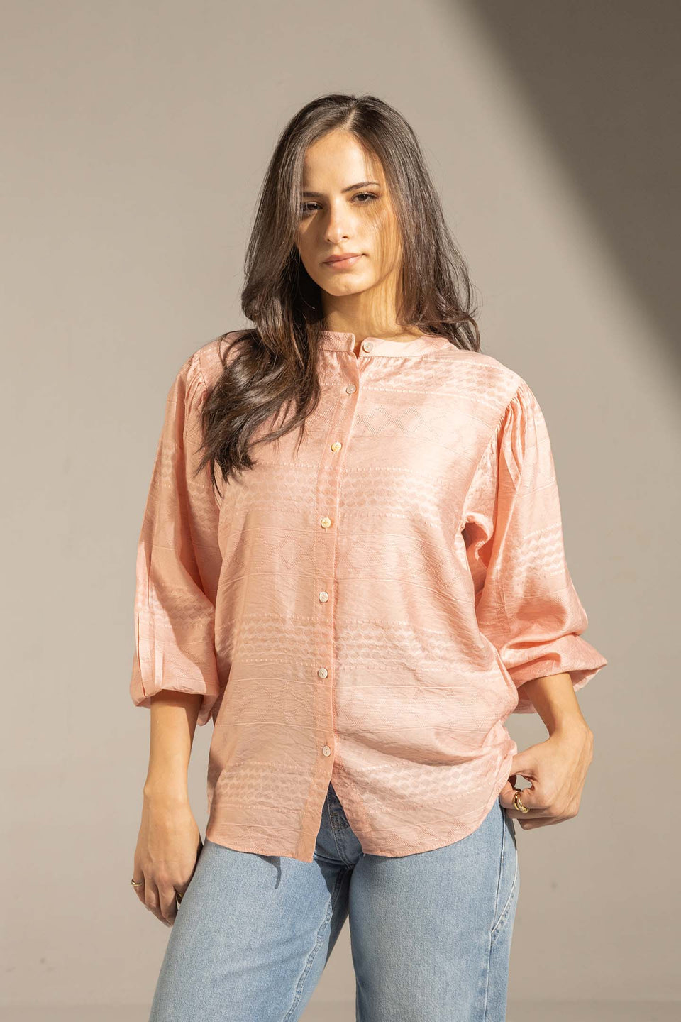Rose Textured Puff Sleeve Button-Up Shirt