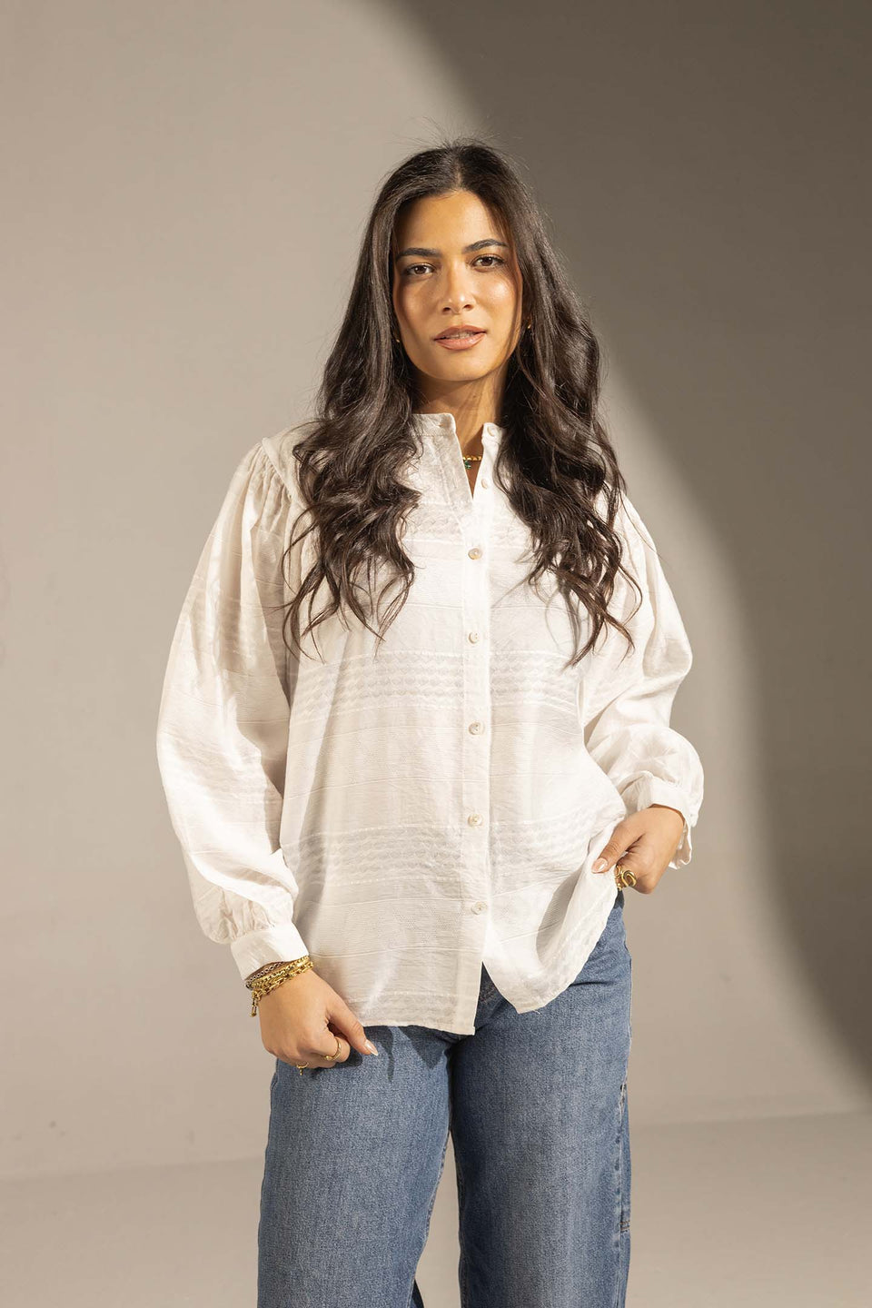 White Textured Puff Sleeve Button-Up Shirt