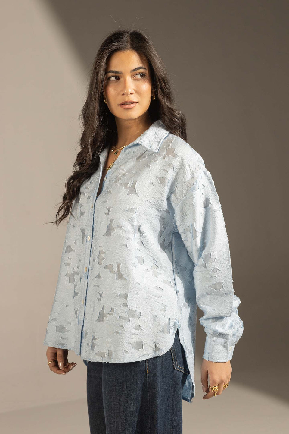 Blue Textured Relaxed Fit Button-Up Shirt