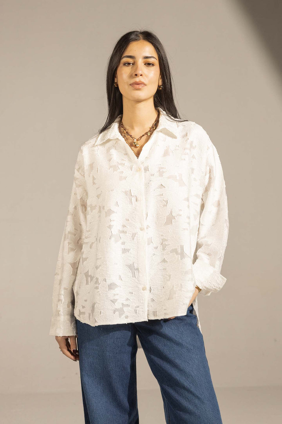 White Textured Relaxed Fit Button-Up Shirt