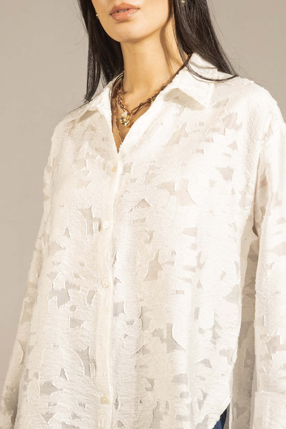 White Textured Relaxed Fit Button-Up Shirt