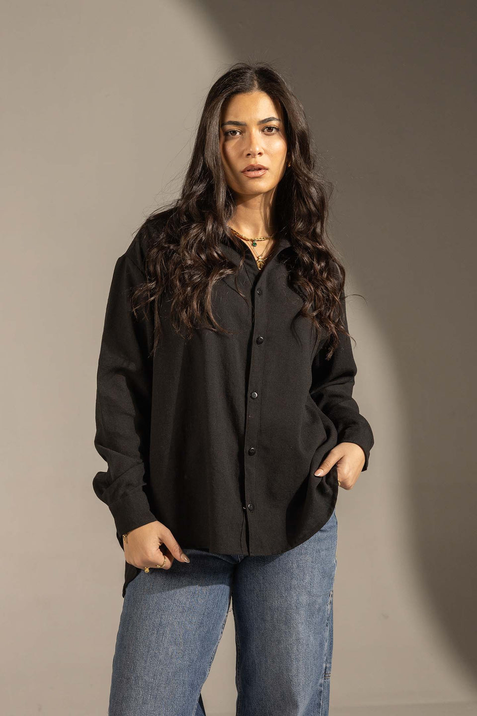 Black Relaxed Fit Button-Up Shirt