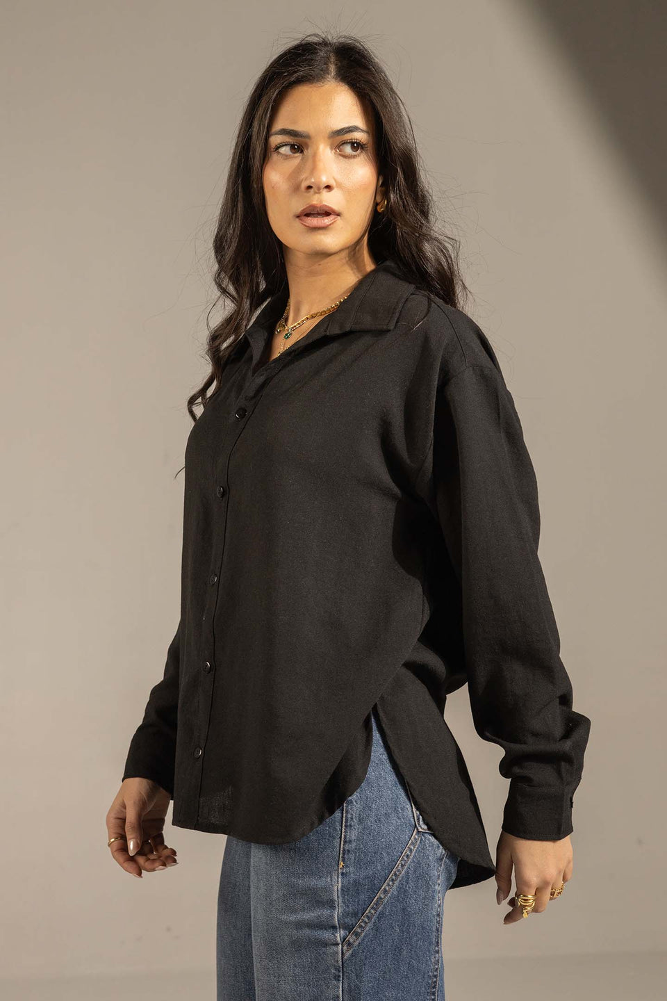 Black Relaxed Fit Button-Up Shirt