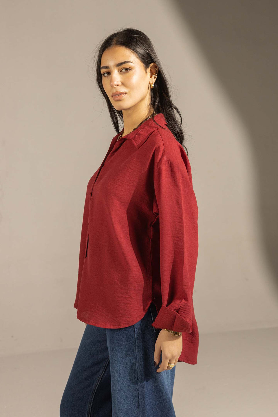 Burgundy Relaxed Fit Button-Up Shirt