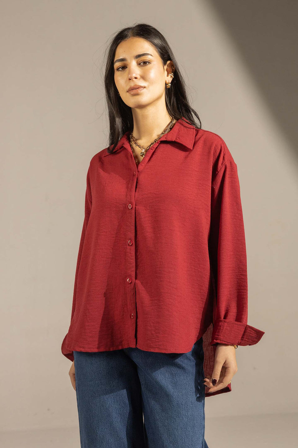 Burgundy Relaxed Fit Button-Up Shirt