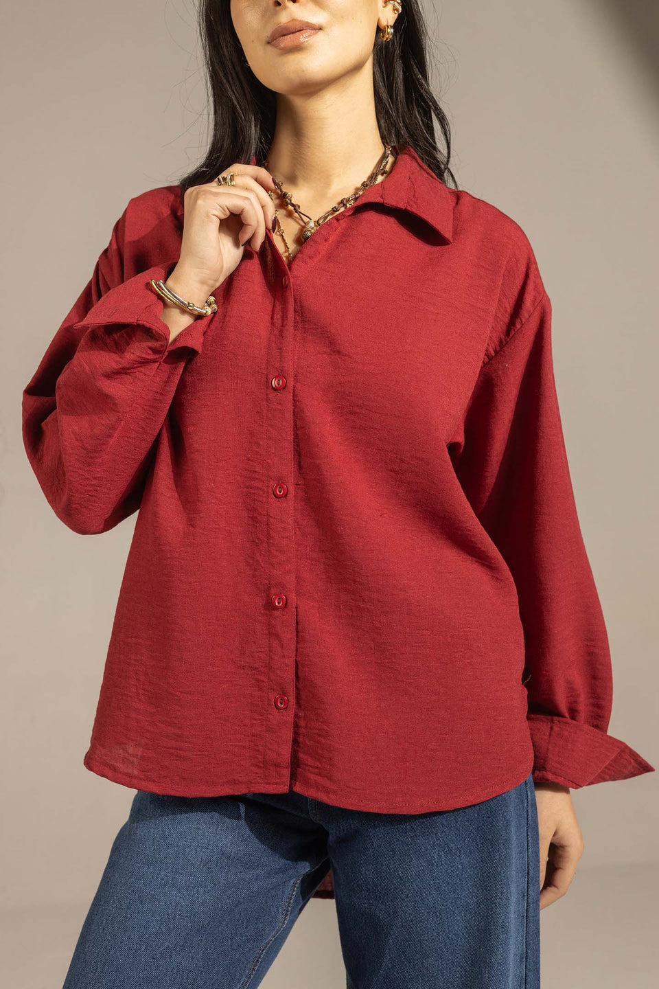 Burgundy Relaxed Fit Button-Up Shirt