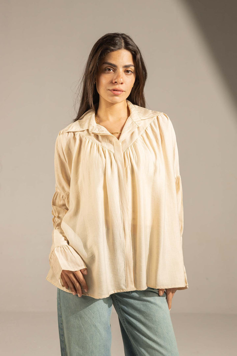 Beige Pleated Relaxed Fit Shirt