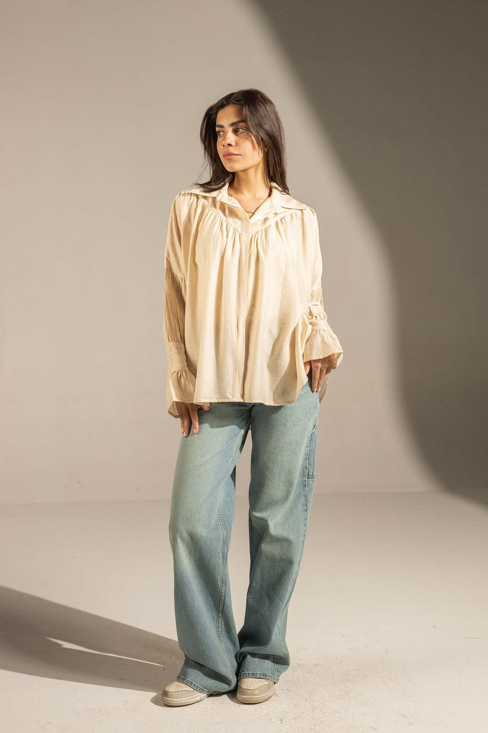 Beige Pleated Relaxed Fit Shirt