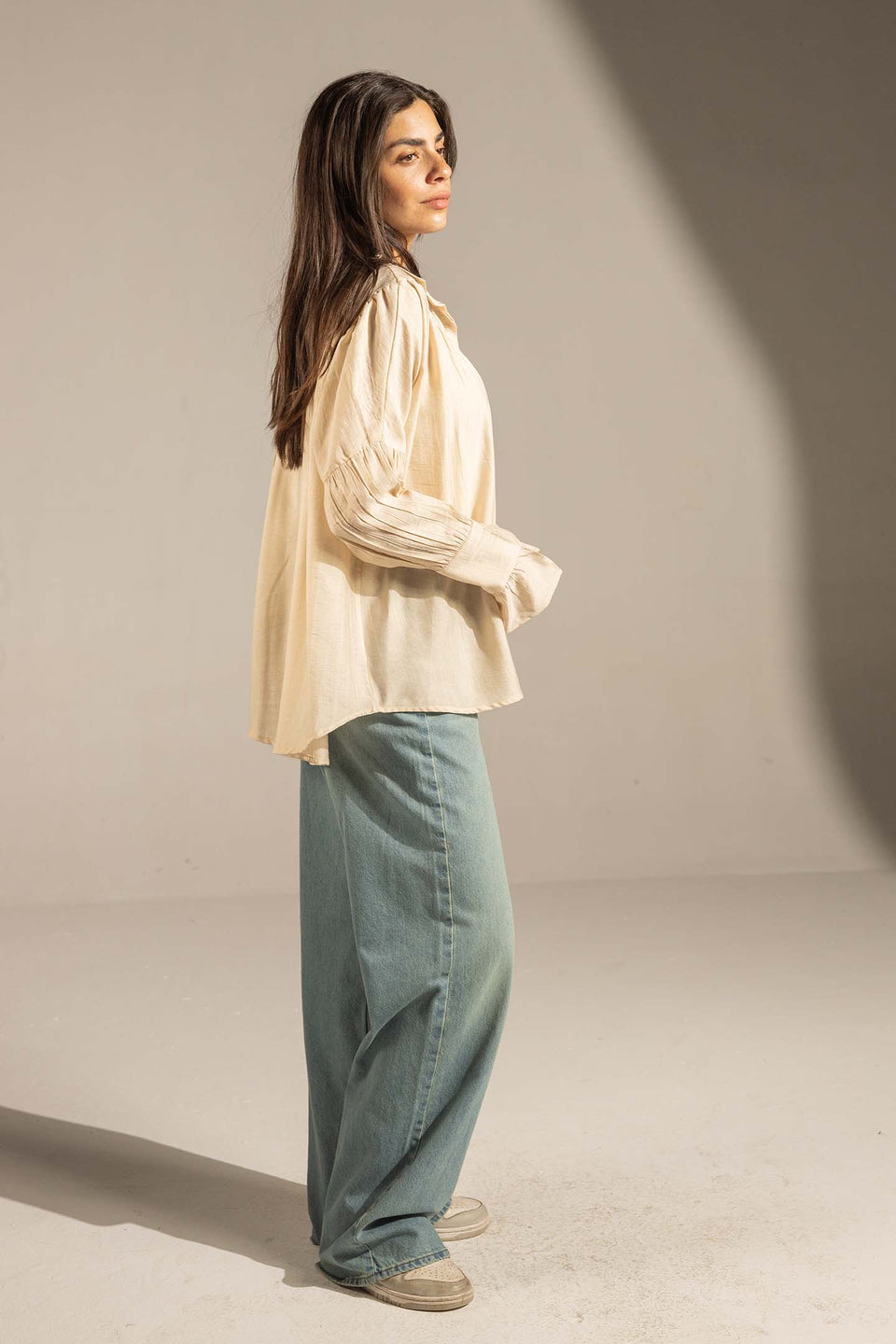 Beige Pleated Relaxed Fit Shirt