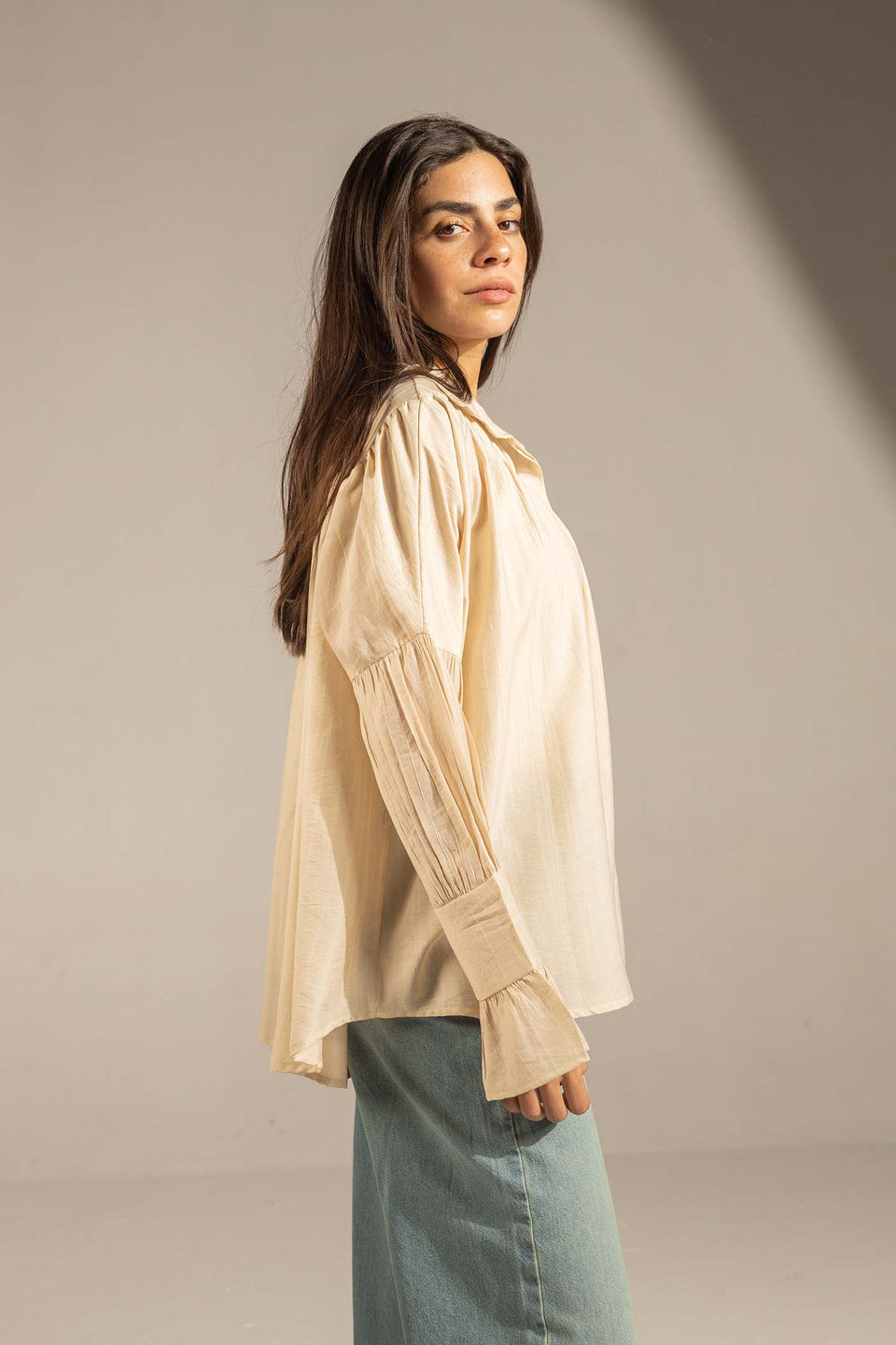 Beige Pleated Relaxed Fit Shirt