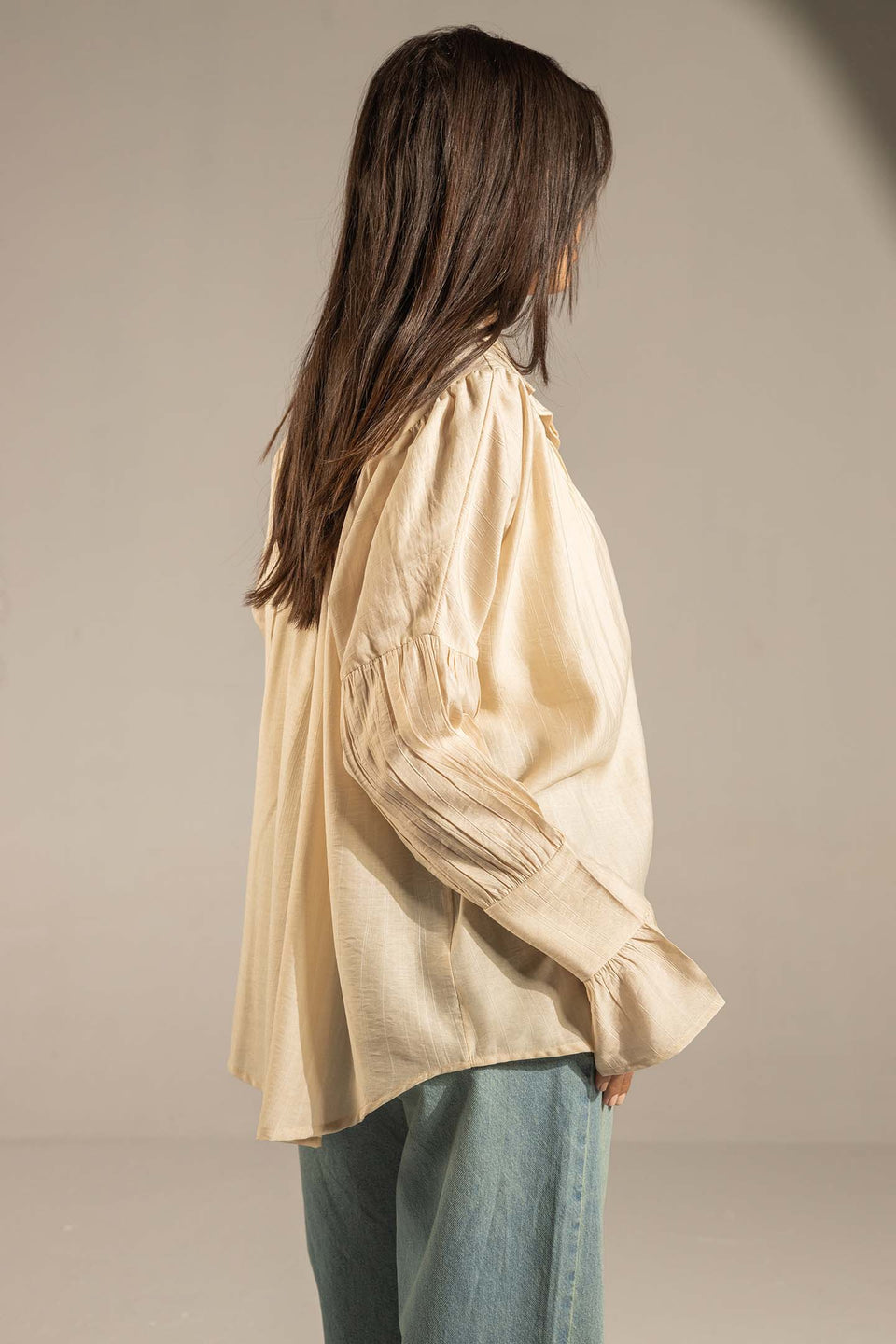 Beige Pleated Relaxed Fit Shirt