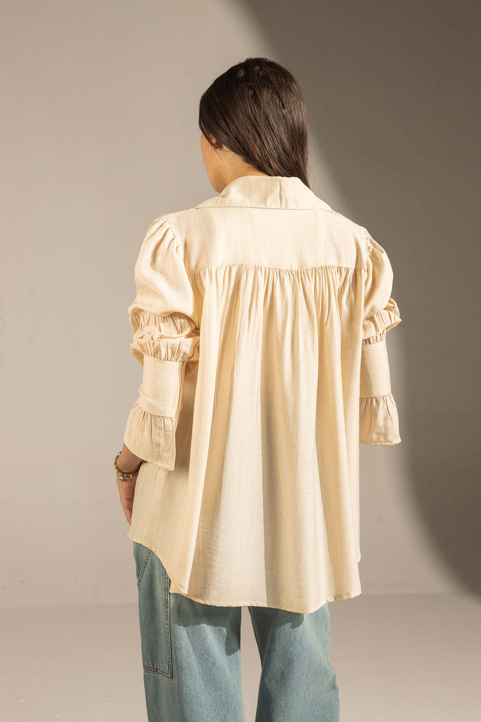Beige Pleated Relaxed Fit Shirt