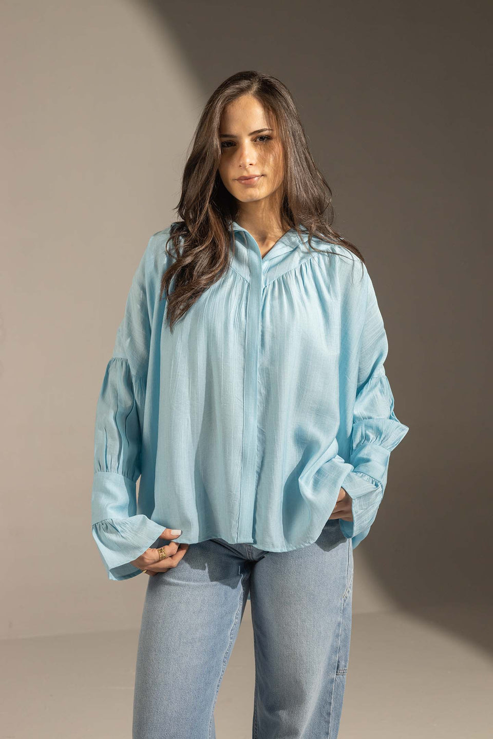 Blue Pleated Relaxed Fit Shirt