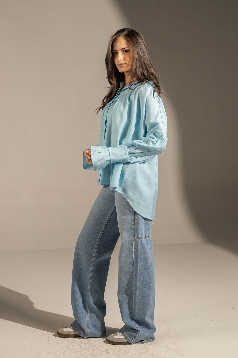 Blue Pleated Relaxed Fit Shirt