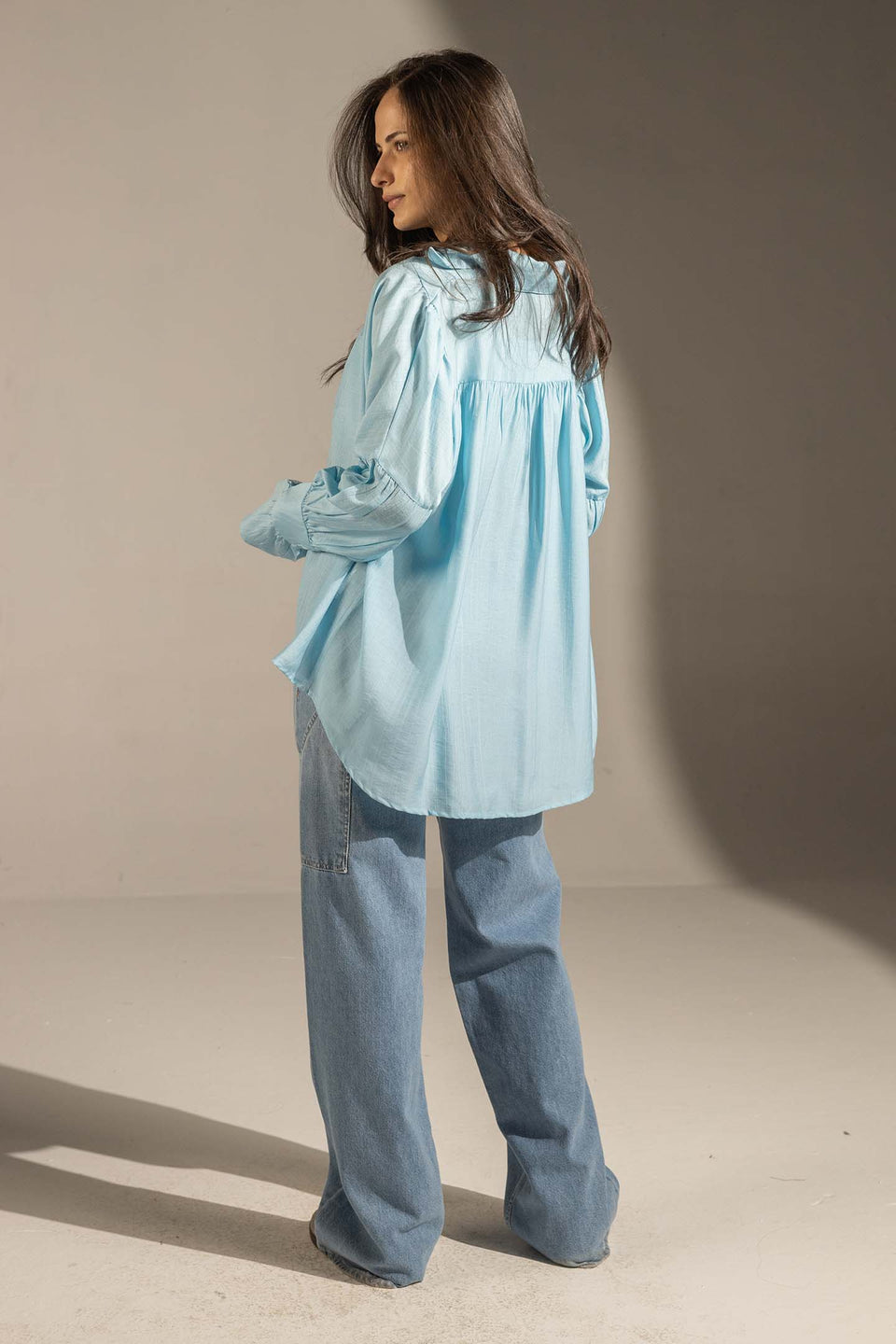 Blue Pleated Relaxed Fit Shirt