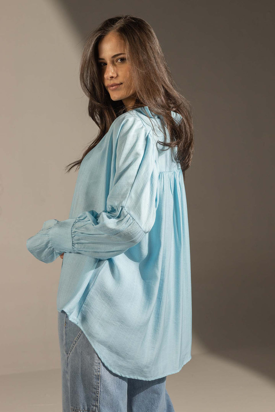 Blue Pleated Relaxed Fit Shirt